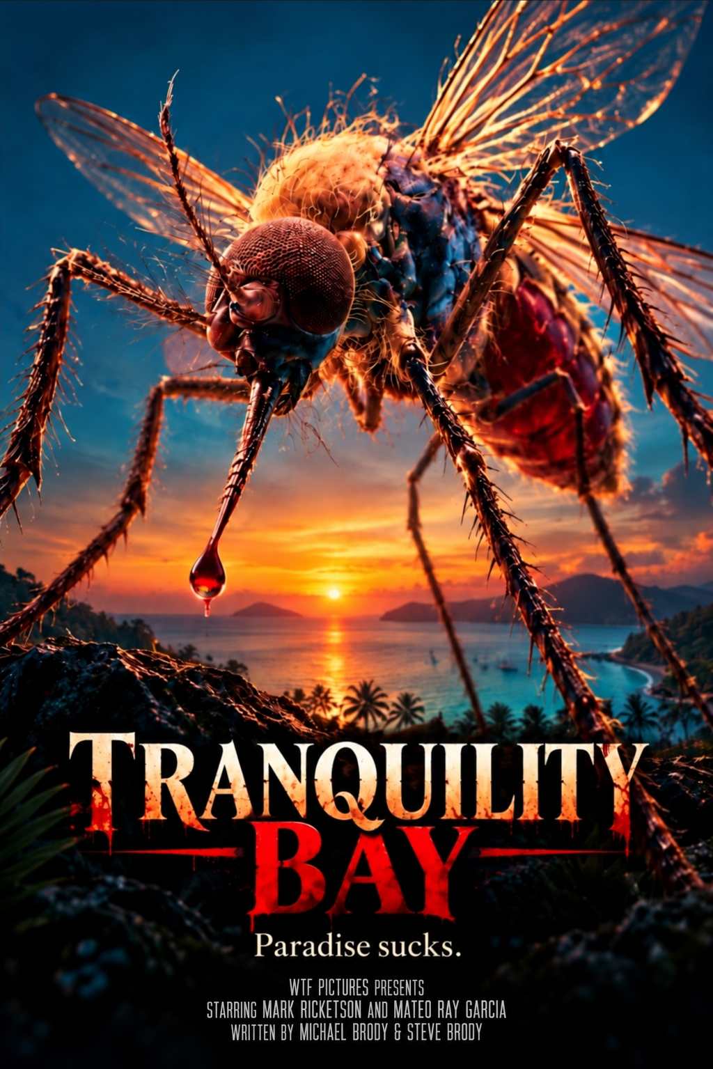 Tranquility Bay movie poster: a giant mosquito above a tropical bay at sunset. Paradise sucks.